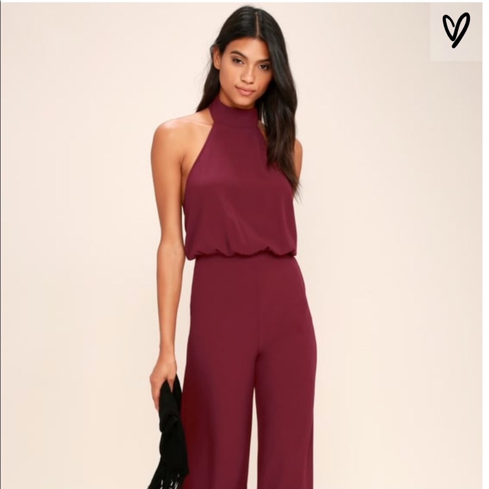 LULU’S MOMENT FOR LIFE WINE RED HALTER JUMPSUIT